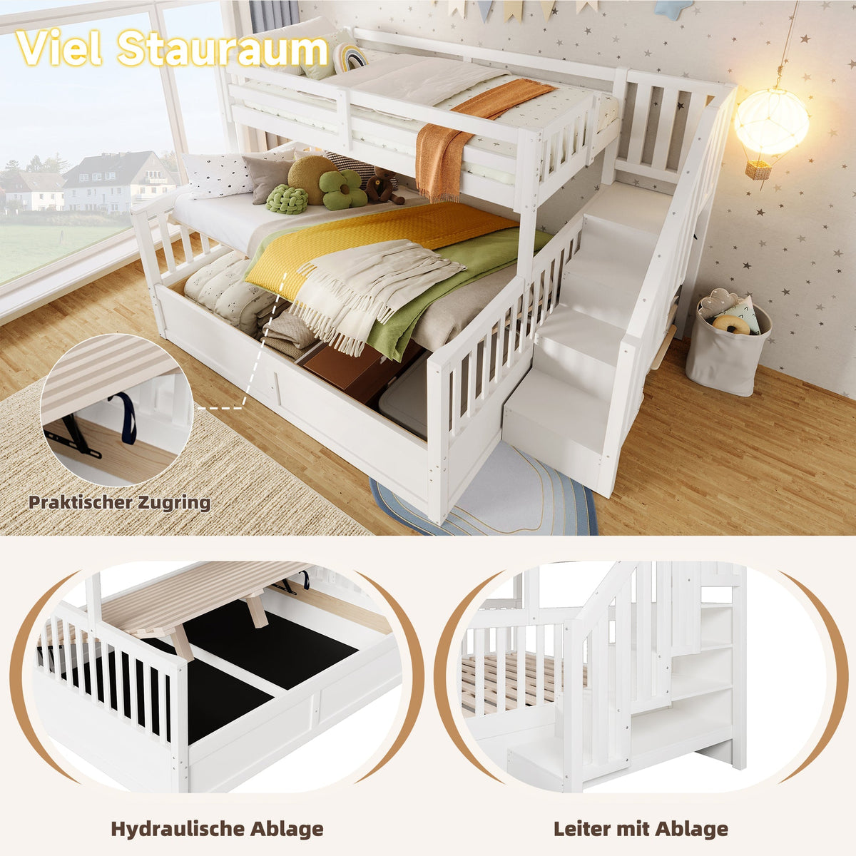 Bunk Bed 90/140x200cm Hydraulic Storage Ladder White