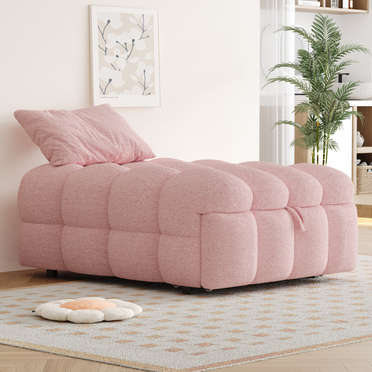 Upholstered Bed, 2-in-1 Footstool Pull-Out Sofa Single Puffy, Teddy Fabric Pink