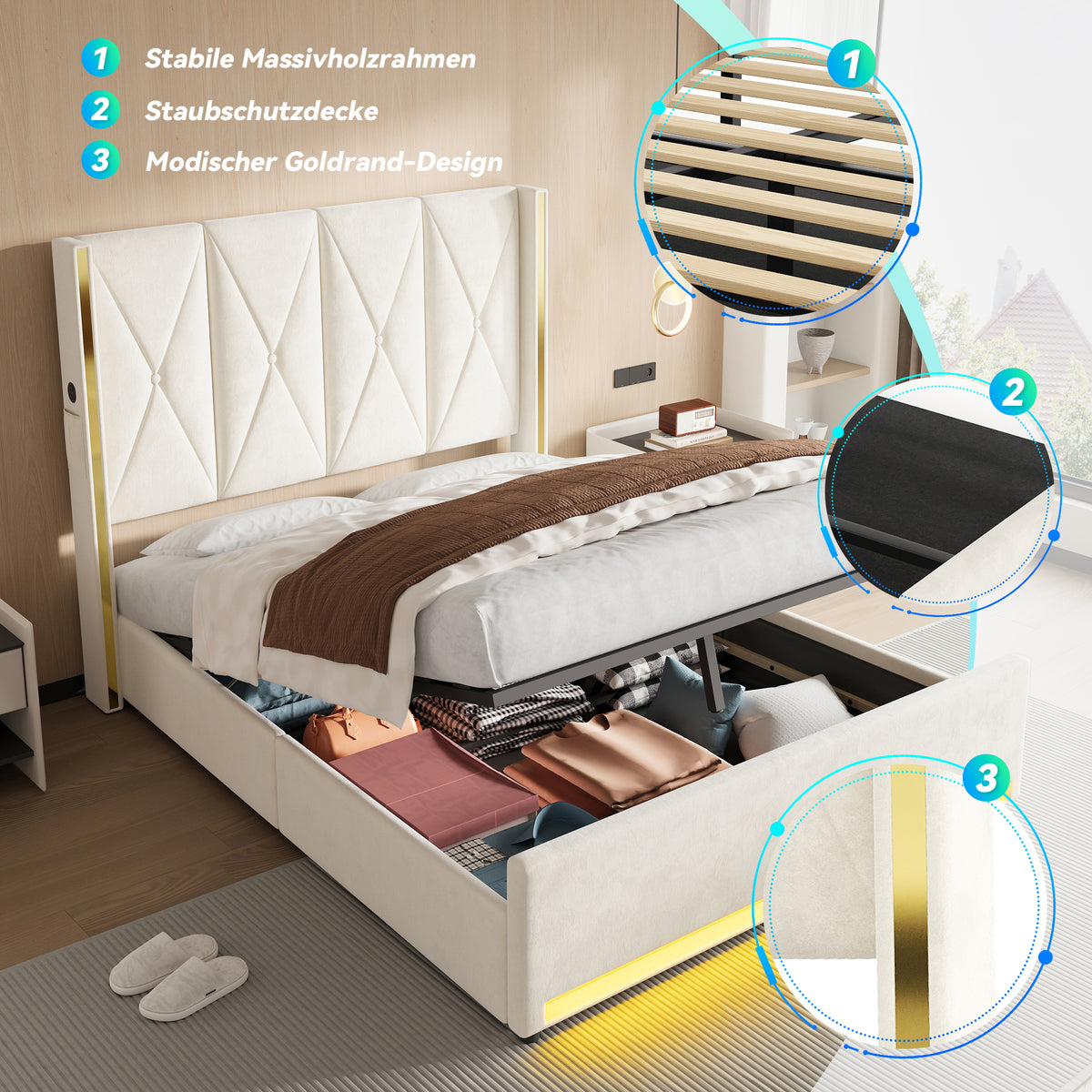 Hydraulic Storage Bed with LED & USB, 160x200 cm, Velour