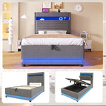 Upholstered Bed 90x200cm with LED & Storage, Grey Linen