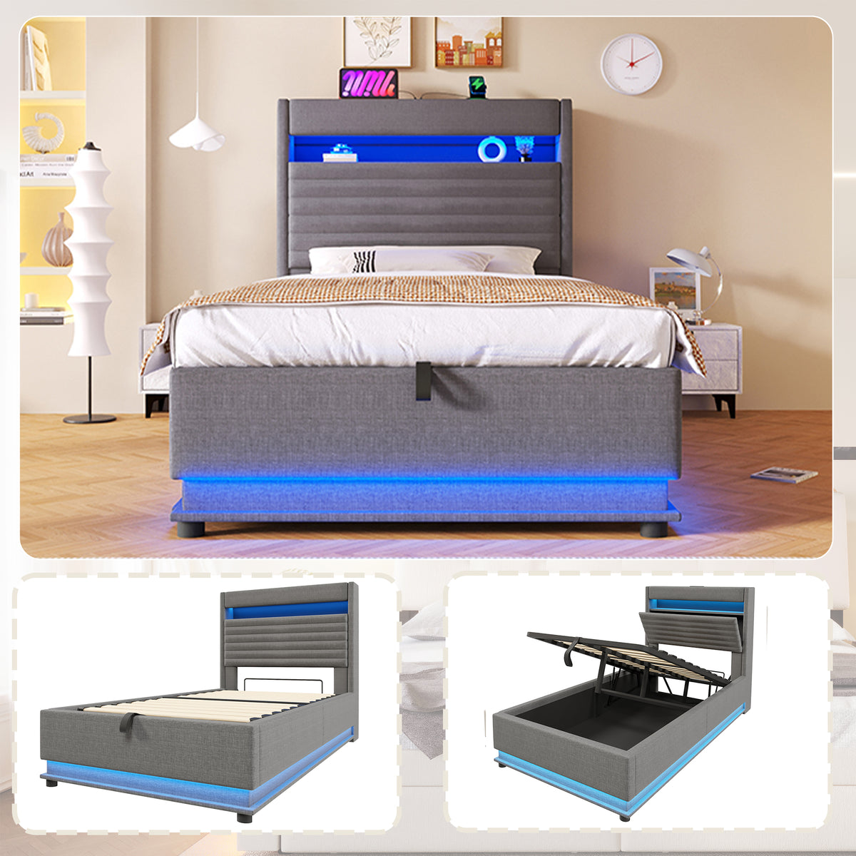 Upholstered Bed 90x200cm with LED & Storage, Grey Linen