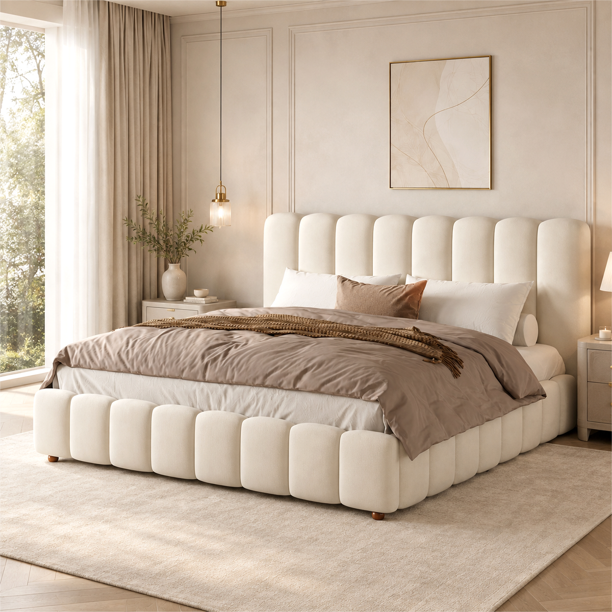 Upholstered Double Bed 160x200cm with Storage, Beige Velvet