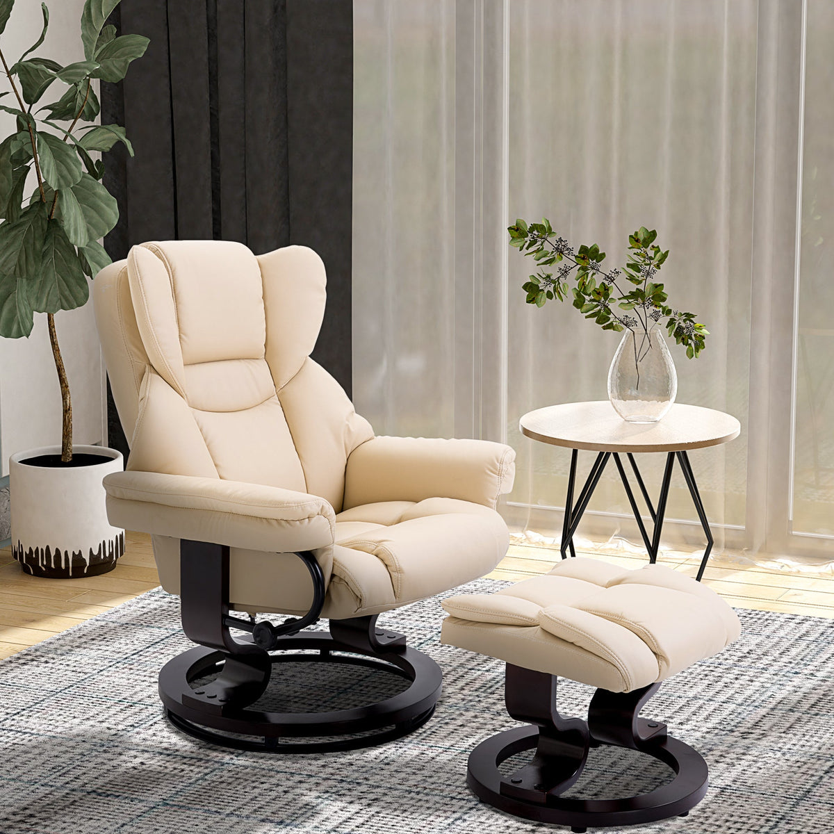 Recliner Chair with Footstool, Swivel Reclining TV Chair, Faux Leather Cream