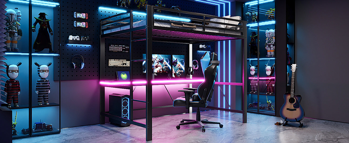 Gaming Loft Bed Frame with 140x200 Desk, LED and USB, Black Metal