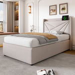 Upholstered Bed, Single with Storage & USB Type-C Headboard, Linen