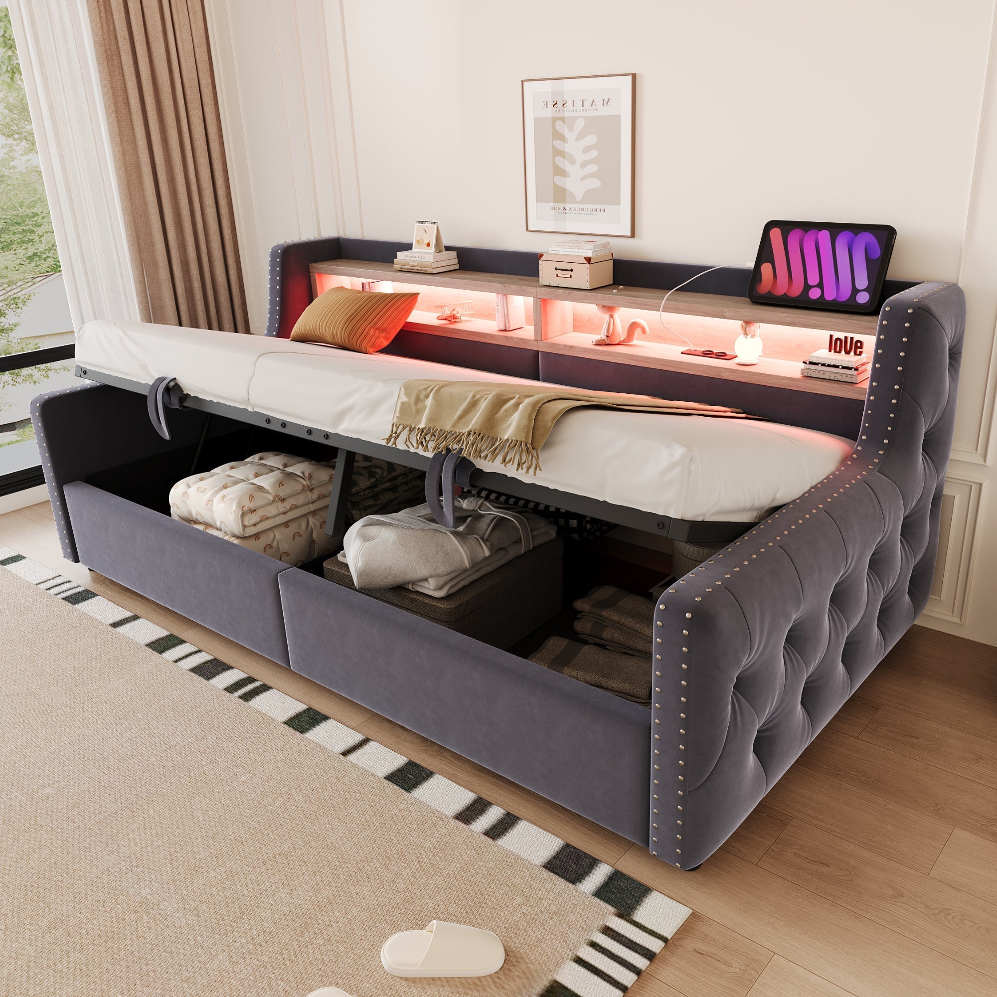 Upholstered Sofa Bed with Hydraulic Storage, LED Lighting and Charging Port, 90x200cm, Dark Grey