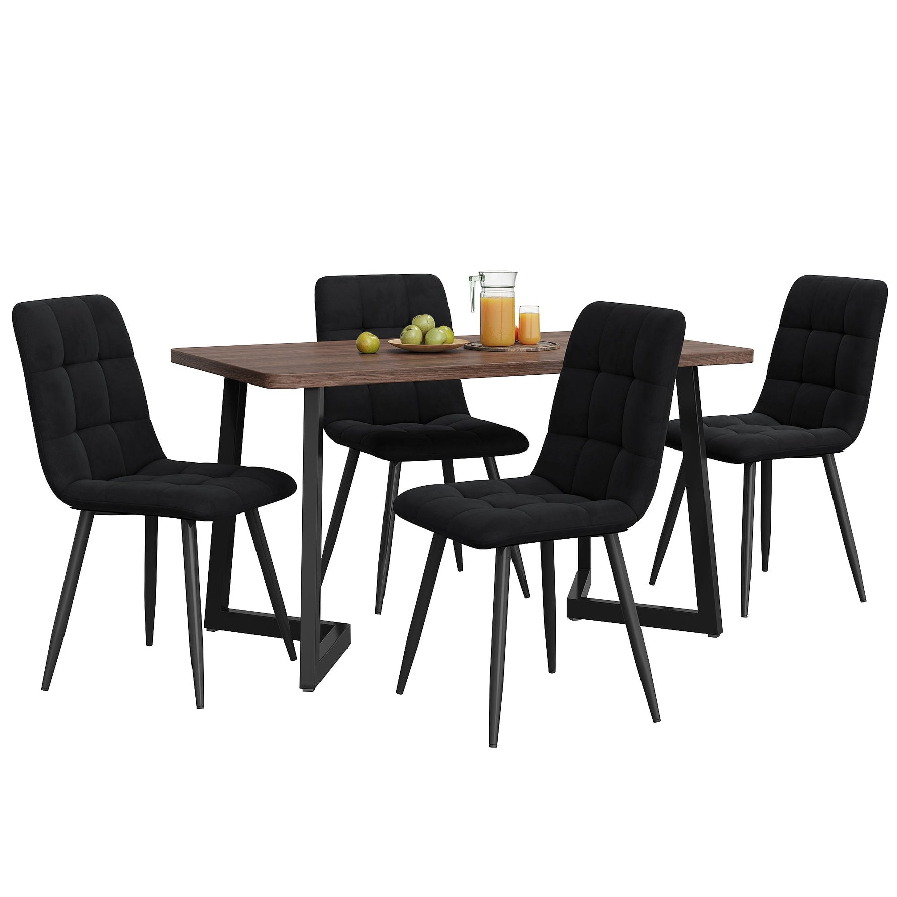5-Piece Dining Set Modern Wood Grain Table Black Metal Legs Black Velvet