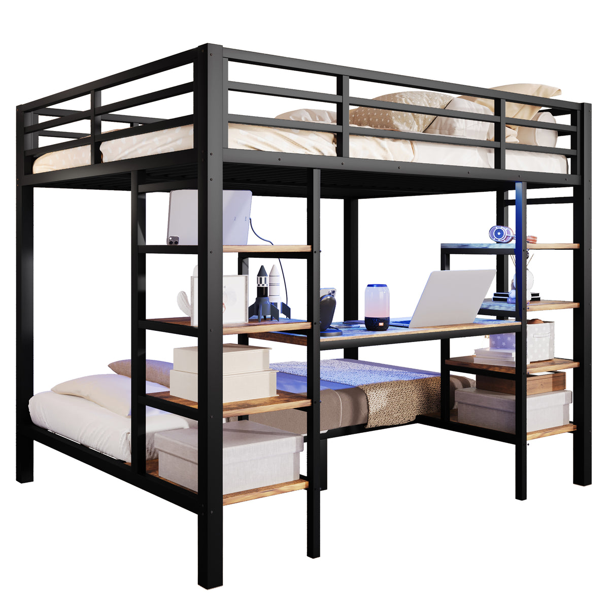 Bunk Bed 90/140x200 cm with Storage, USB & LED, Black Metal