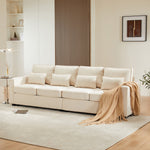 Sofa 4-Seater Linen Fabric with Armrest Pockets & 4 Cushions, Simple Style