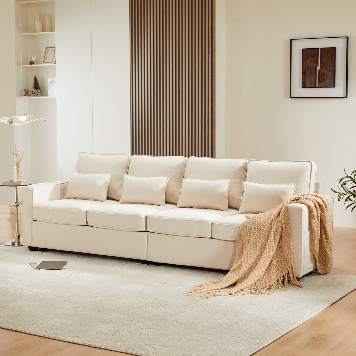 Sofa 4-Seater Linen Fabric with Armrest Pockets & 4 Cushions, Simple Style