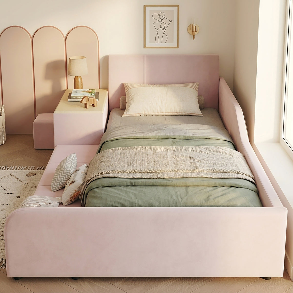 Upholstered Kids Bed Set with Desk & Stool, 90x200cm - Pink Velvet