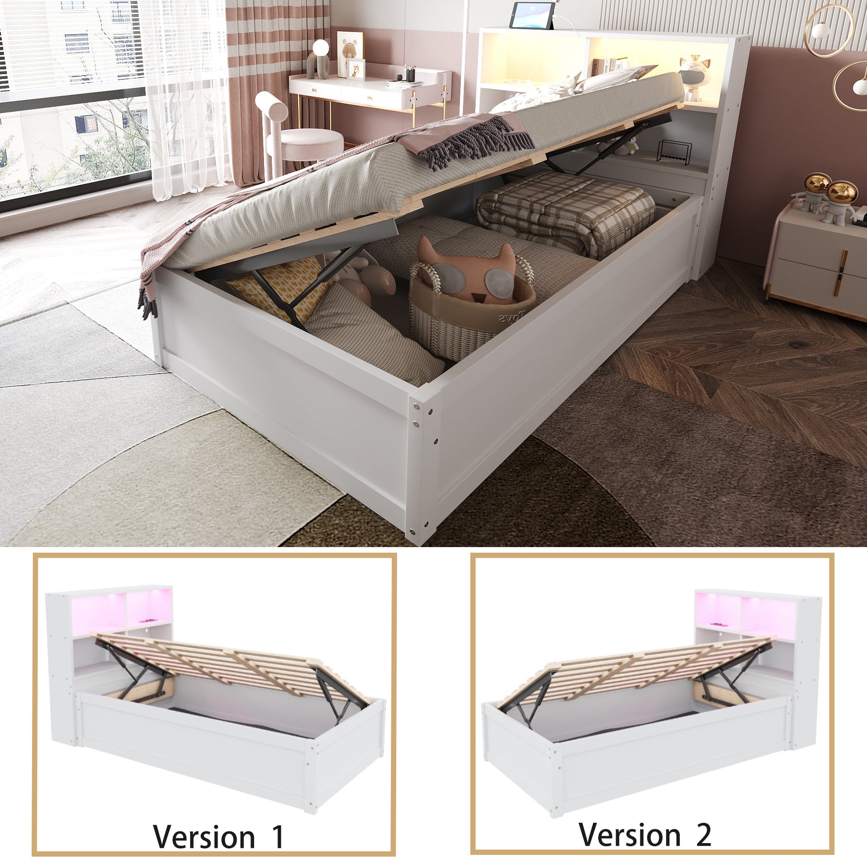 Sofa Bed 90*200, Hydraulic with Storage & Light Bar, White Wood