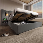 Upholstered Double Bed 180x200 with Storage, Lamp & USB, Grey Linen