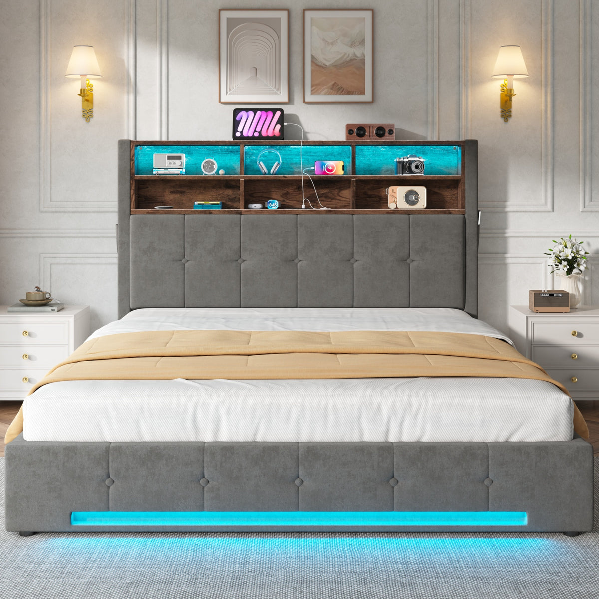Storage Bed 160x200 with LED & USB Headboard, Velvet