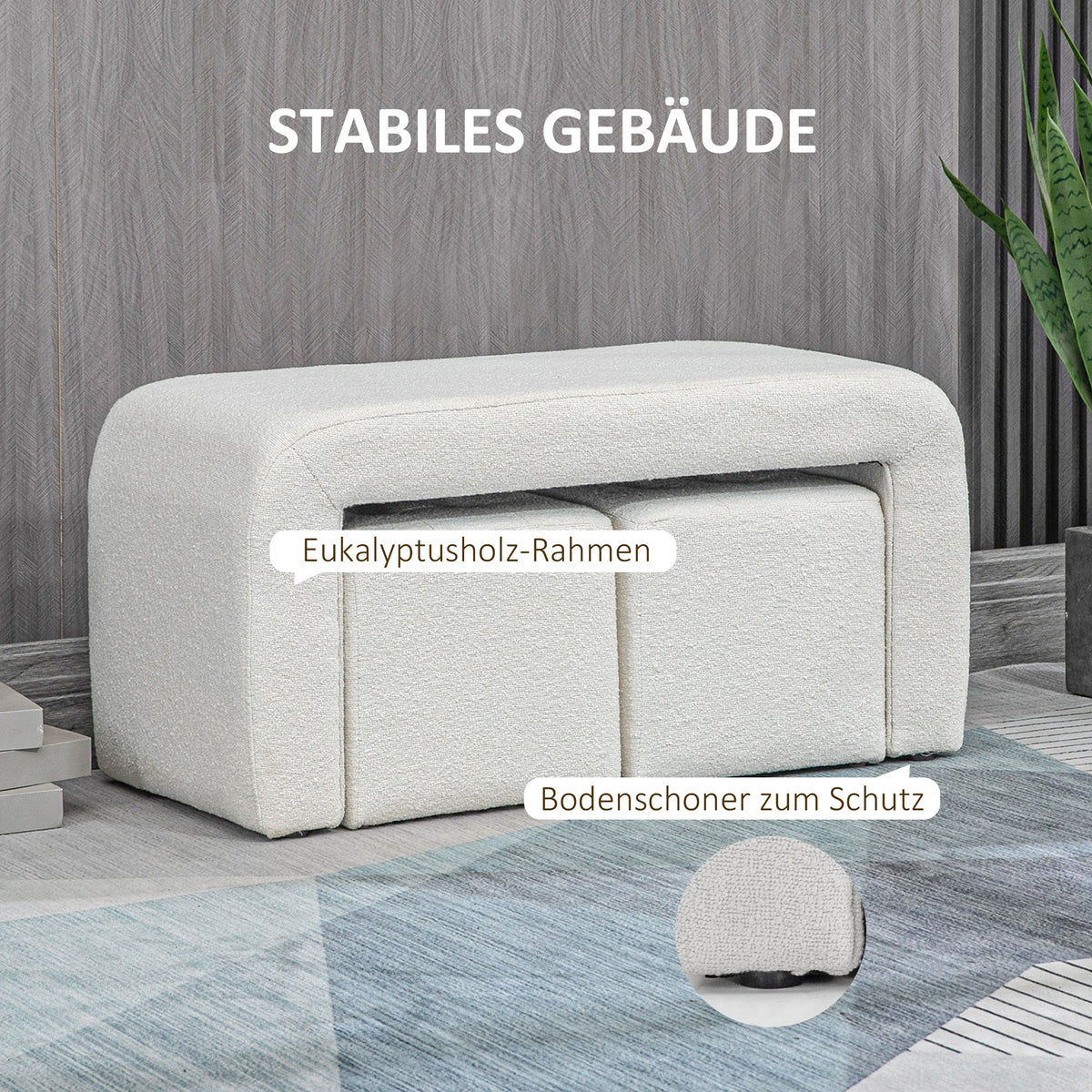 Footstool Set, 3-Piece Ottoman Seat, Upholstered, Elegant White