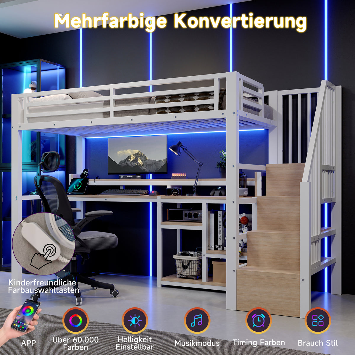 Loft Bed 90x200cm with Ladder Storage & LED, White Metal Frame