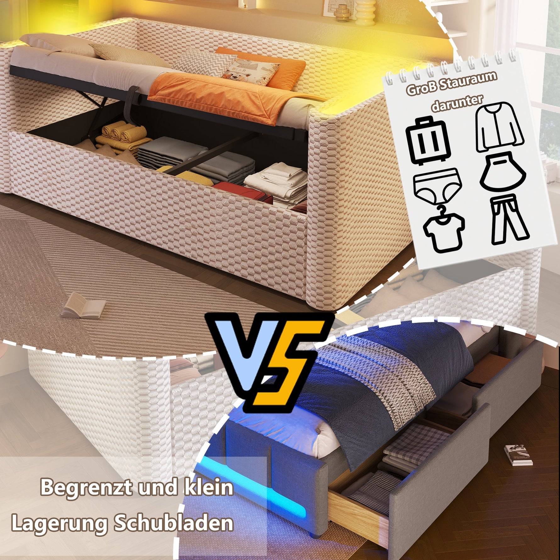 Daybed Sofa Bed 90x200cm Hydraulic Storage LED Lighting Velvet Beige