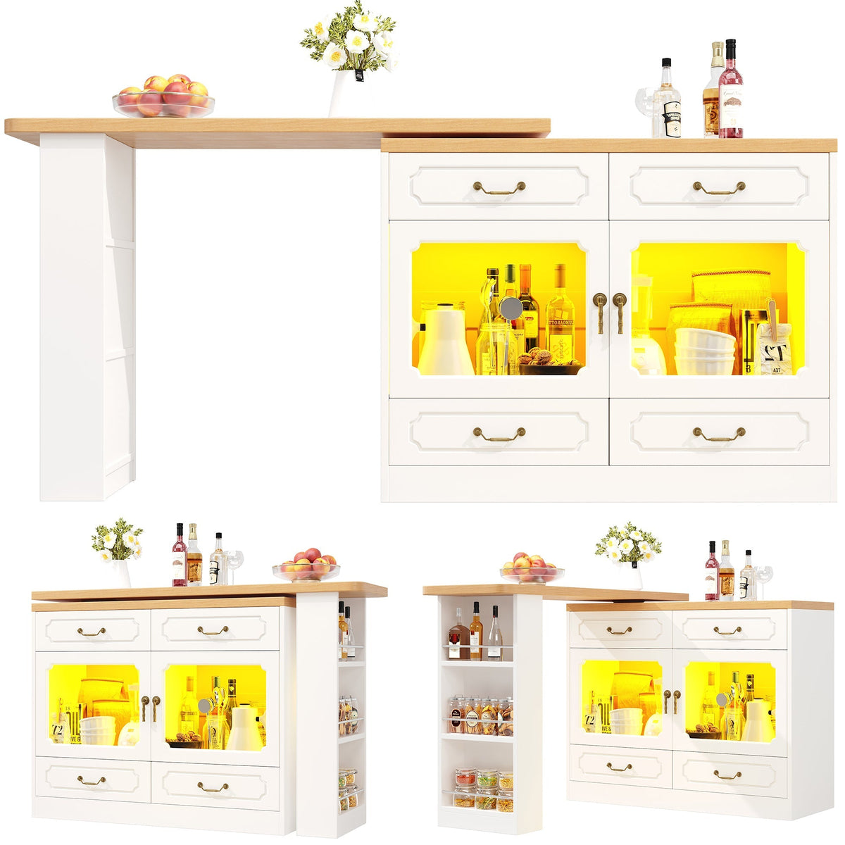 Bar Table Kitchen Island Extendable 360° Rotatable LED Storage White