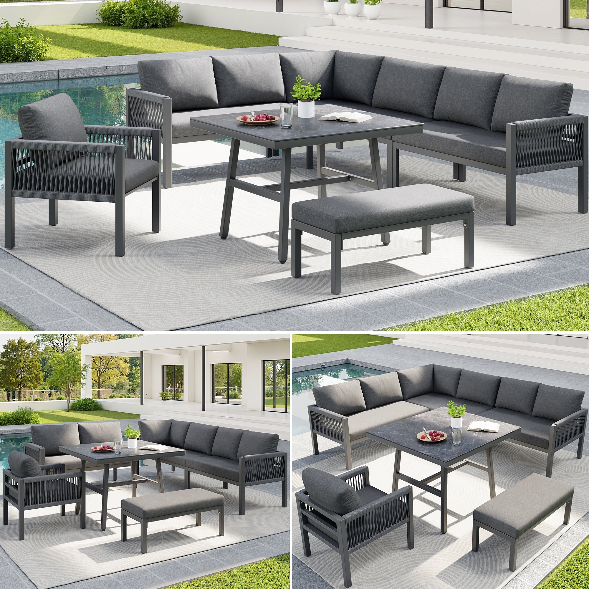 L-Shaped Garden Sofa Set Handwoven 8-Seater Iron Frame Table 2 Armchairs - Grey