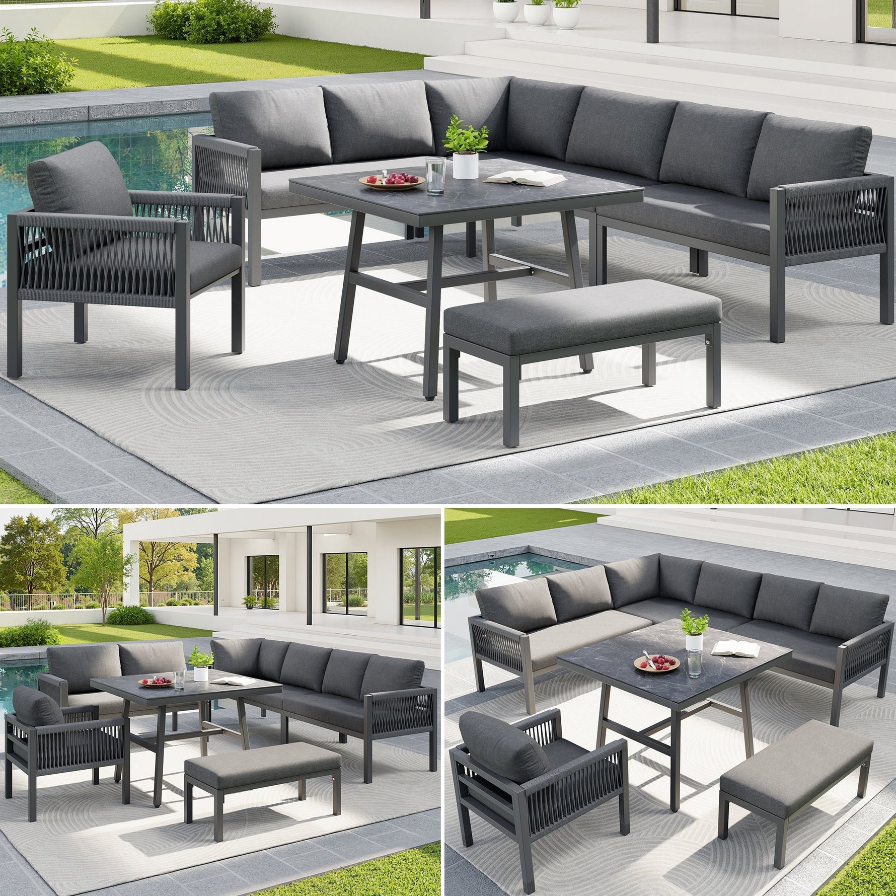 L-Shaped Garden Sofa Set Handwoven 8-Seater Iron Frame Table 2 Armchairs - Grey
