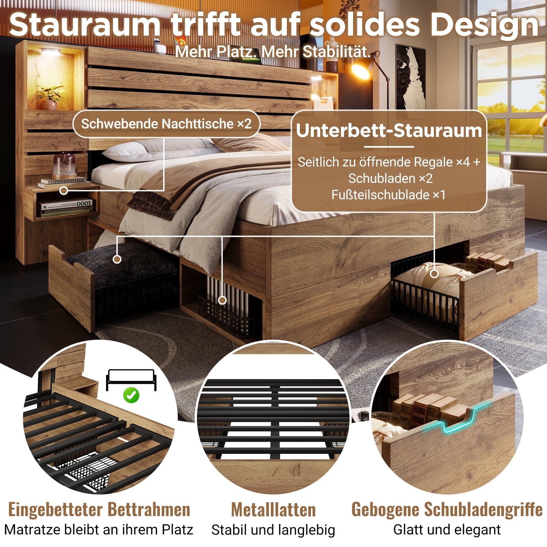 Wooden Double Bed with LED Downlights, USB-C, Floating Bedside Tables and Drawers, 180x200cm, Oak Look