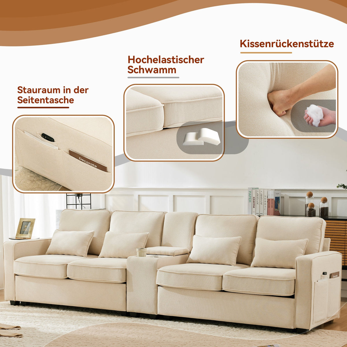 Sofa, 4-Seater with Console, Cup Holders, USB Ports, Linen Fabric