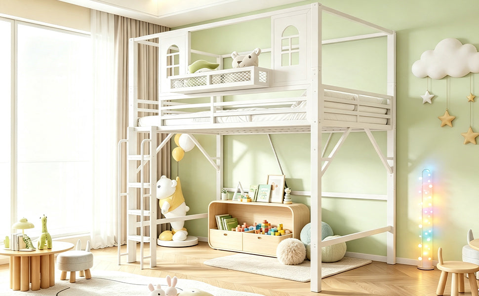 Children's Loft Bed 90x200 cm with Roof Design, White Metal