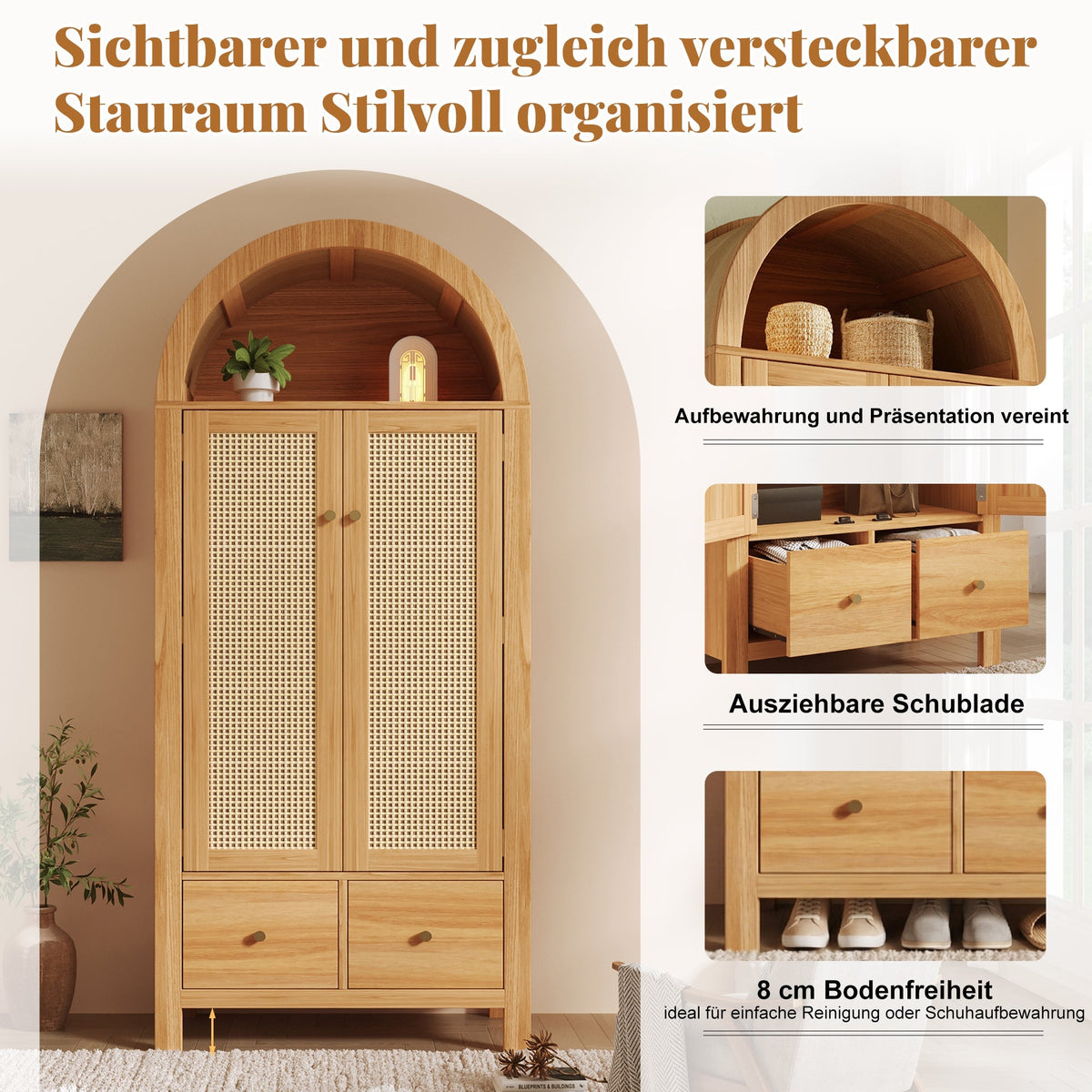 Wardrobe with Rattan Weave and 2 Doors, 181x78x45 cm, Oak Look