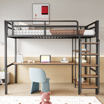 Metal Loft Bed 90x200cm Safety Ladder Storage Black