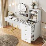 Dressing Table Set with LED Mirror and Glass Top, White