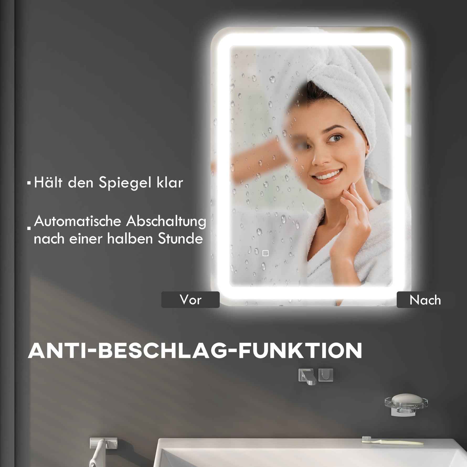 kleankin LED Bathroom Mirror 50x70cm, 3 Light Colors, Touch Switch, Anti-Fog, Tempered Glass Silver