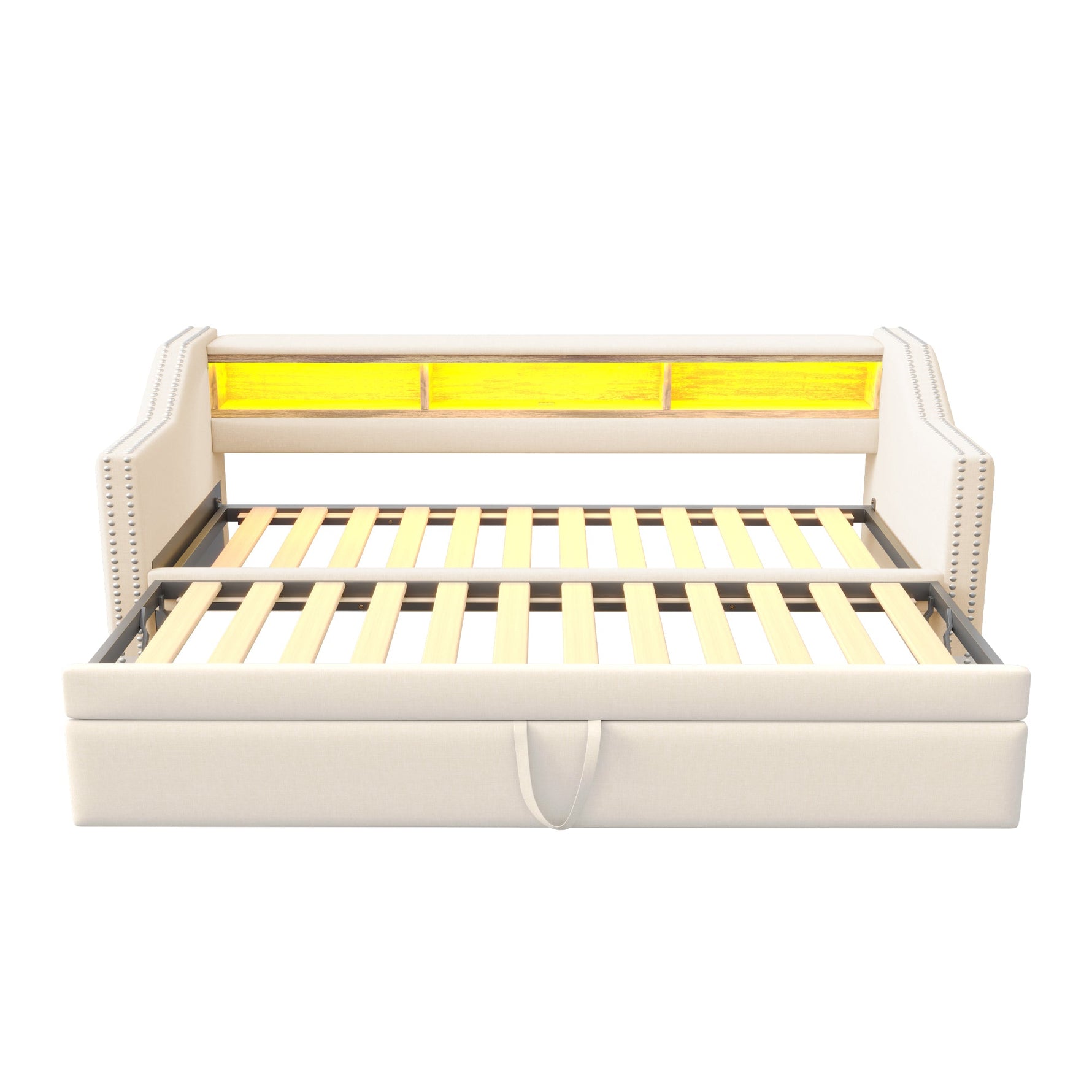 Upholstered Bed Extendable Sofa Bed 90/180 x 190 cm, Storage, LED, USB, Slatted Frame, Beige