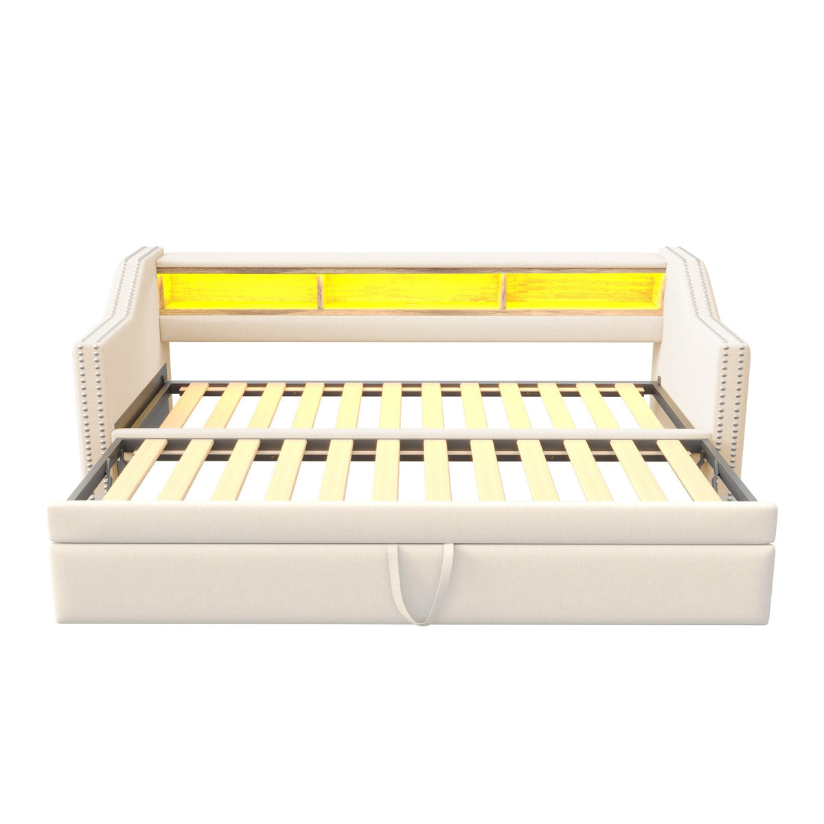 Upholstered Sofa Bed, Pull-Out with Storage, LED & USB, Beige