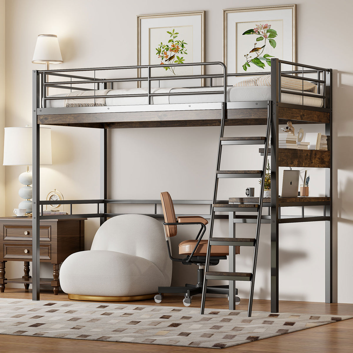 Loft Bed 90x200cm with Desk and Shelves, Black Iron