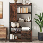 Bookcase, 6-Shelf Industrial Bookcase with Doors & Drawers, Floor to Ceiling, Antique Brown Steel