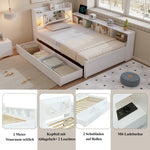 Single Panel Bed, Storage Headboard Lights Charging Drawers 90x200cm, White Pine/MDF