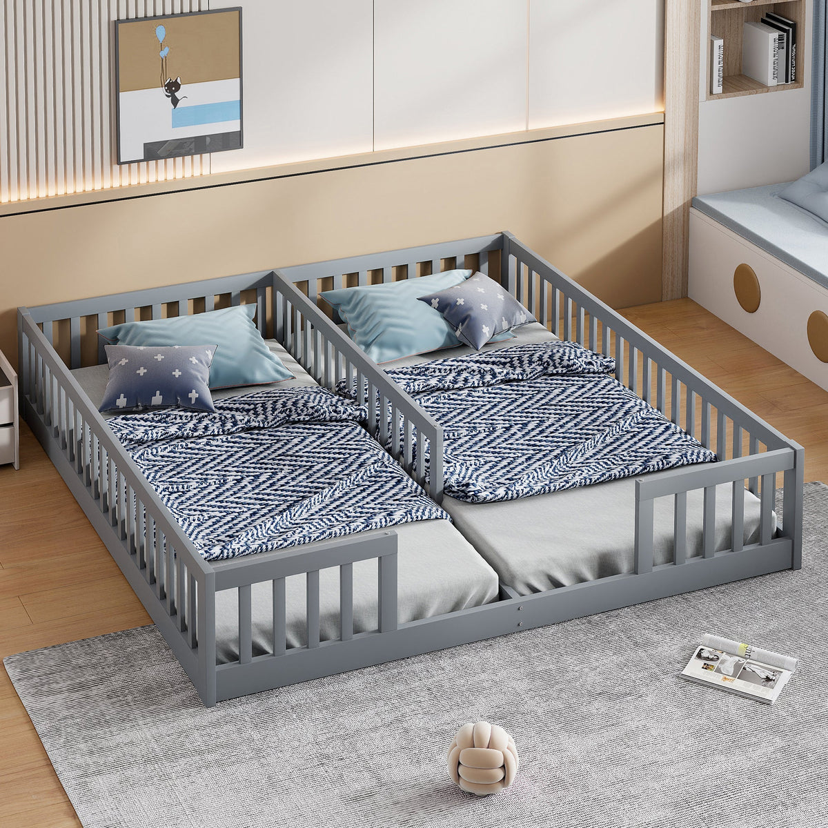 Panel Bed with Guardrails and Slatted Base, 90 x 200 cm, Grey Pine Wood