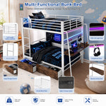 Loft Bed 140x200 cm with Desk, 2 Drawers & LED, White Metal
