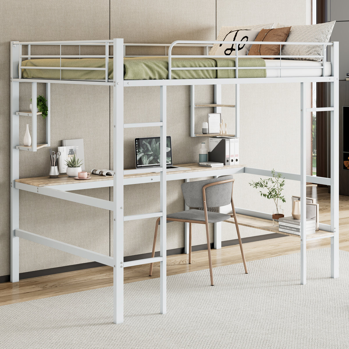 Loft Bed 140x200cm Frame with Desk & Shelves, White Metal