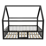 Metal Bed Frame 140x200 cm with House Trim & Railing, Black