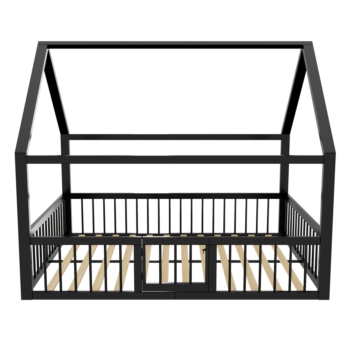 Metal Bed Frame 140x200 cm with House Trim & Railing, Black