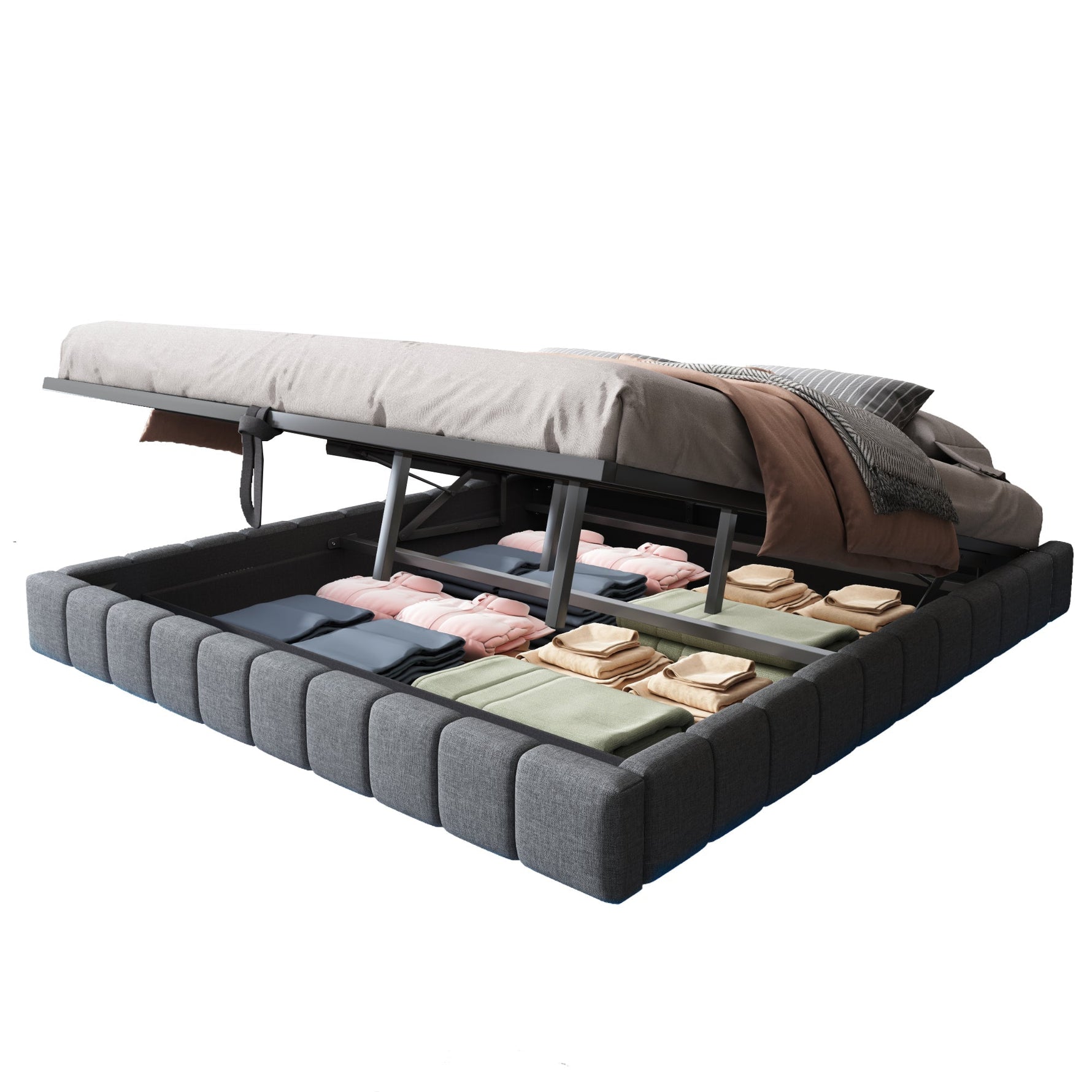 Upholstered Bed 180x200cm Hydraulic Storage LED Light Floating Frame, Linen Grey