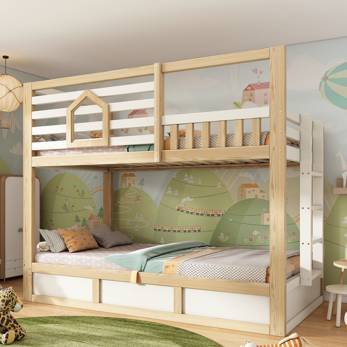 Children's Bunk Bed 90x200cm Cabin Storage, White & Natural Wood