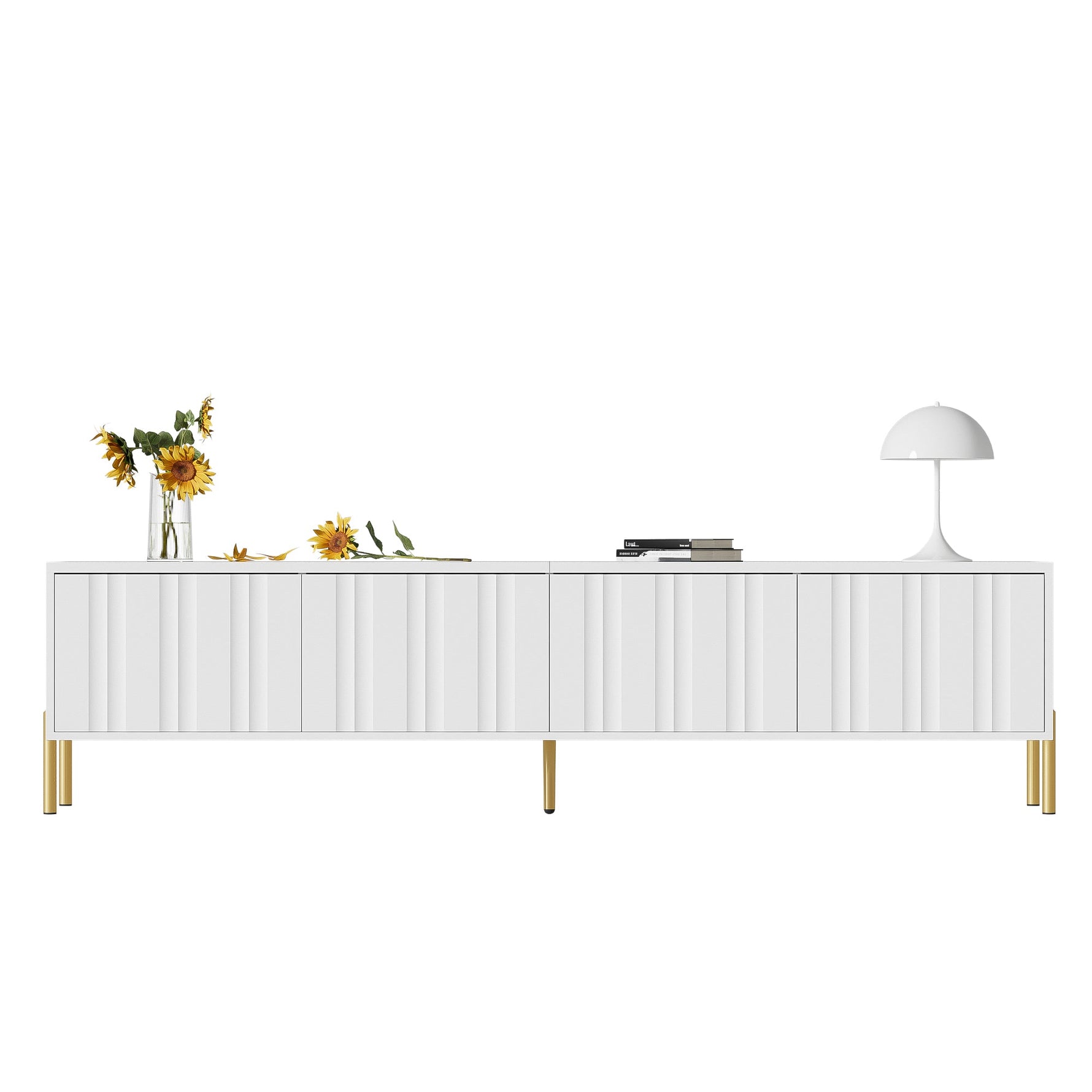 TV Cabinet 190cm Grooved Door Gold Legs - White