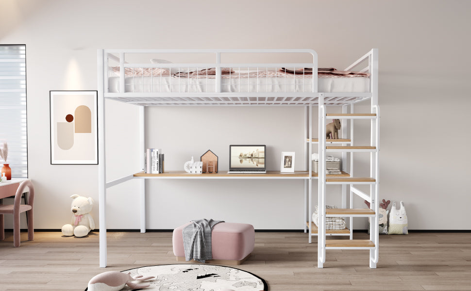Metal Loft Bed 140*200 cm with Ladder, Table & Shelf, White