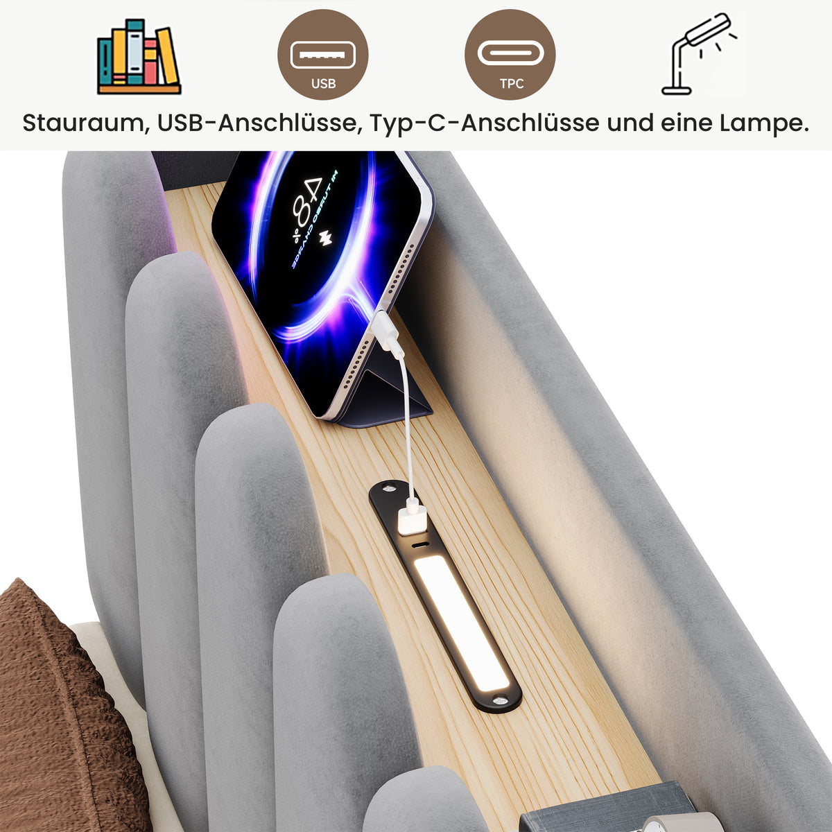 Upholstered Bed 90x200cm with Storage & USB, Grey Velvet