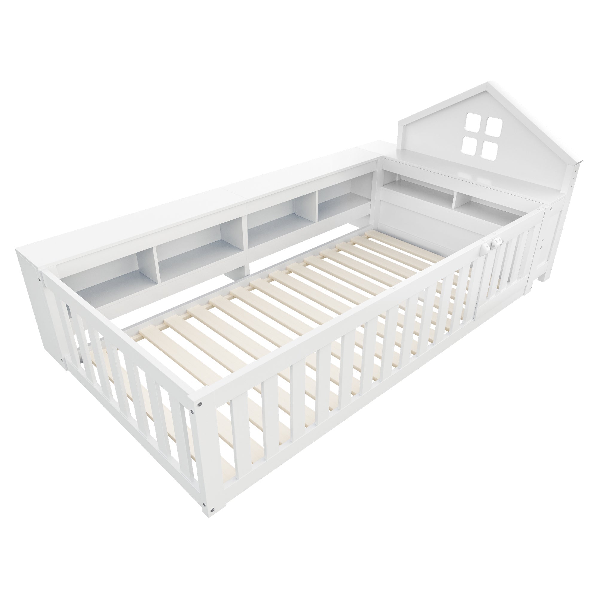 Children's Bed 90x200cm, Roof/Window, Storage, Safety Rail/Door, Solid Wood, White