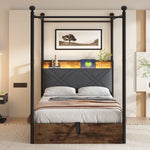 Multifunctional Single Bed 90x190 Hydraulic Storage Canopy LED/USB, Iron Black