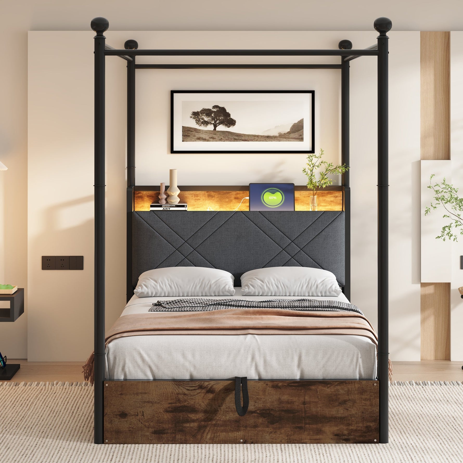 Multifunctional Single Bed 90x190 Hydraulic Storage Canopy LED/USB, Iron Black