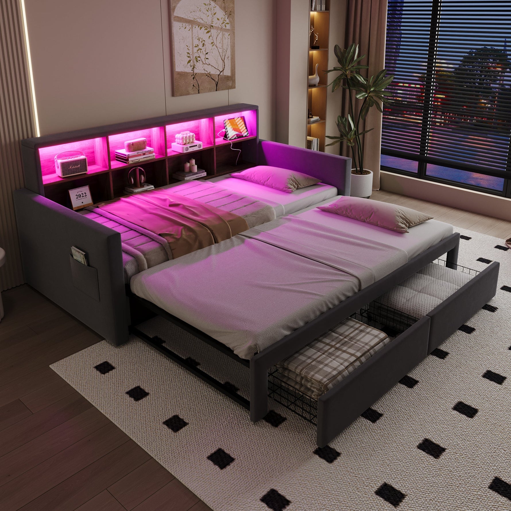 Extendable Upholstered Sofa Bed with Storage Headboard, LED Lights and Charging Ports, Dark Grey Velvet